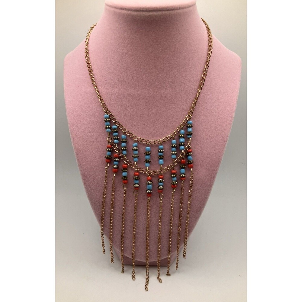 Faux Turquoise And Coral Bohemian Beaded Bib Necklace Boho Chic Music Festival